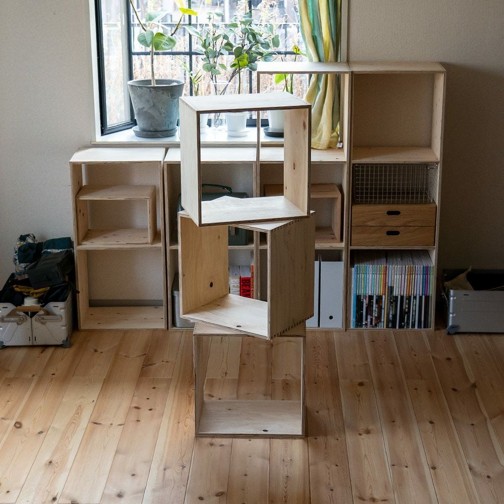 オープンシェルフ1スタッキング収納本棚木箱ルータースタッキングシェルフあられ組みスタッキングシェルフ日本製ひのき合板