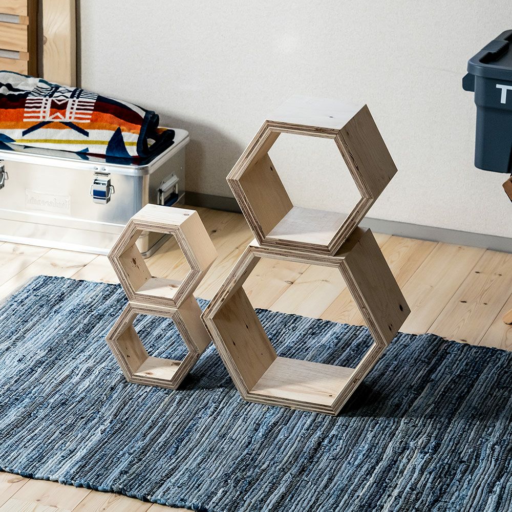 ハニカムシェルフBOX4セットヘキサ6角形収納ディスプレイ什器シェルフボックスBOX本立て木製合板