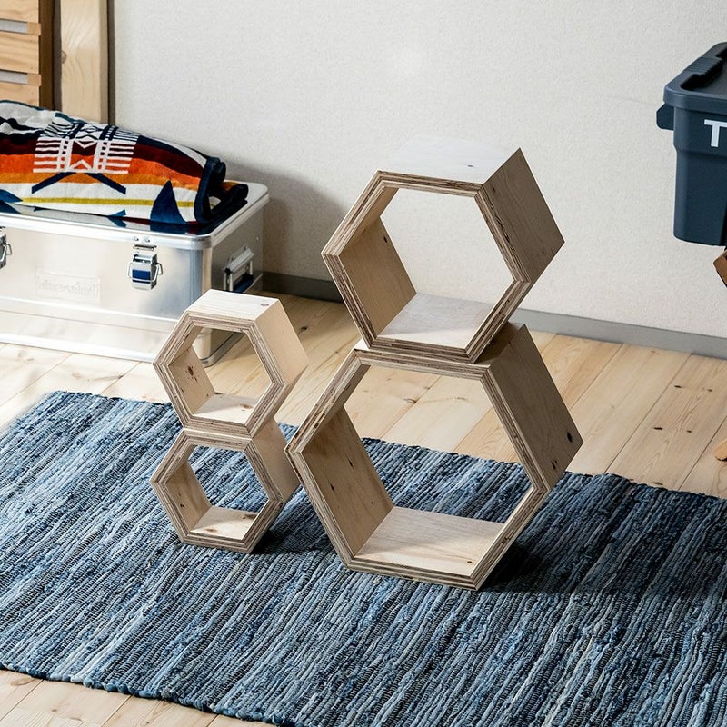 ハニカムシェルフBOX4セットヘキサ6角形収納ディスプレイ什器シェルフボックスBOX本立て木製合板